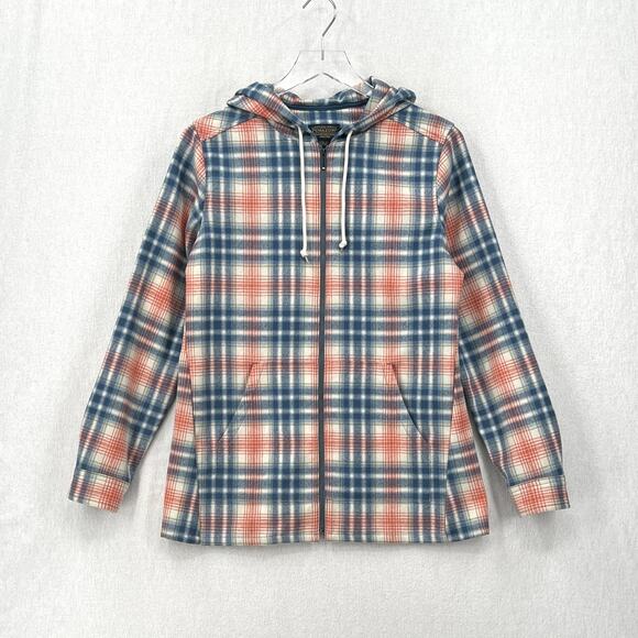 PENDLETON Boyfriend Wool Zip Hoodie Womens Small Cream Blue Pink Plaid Hooded - Picture 1 of 15